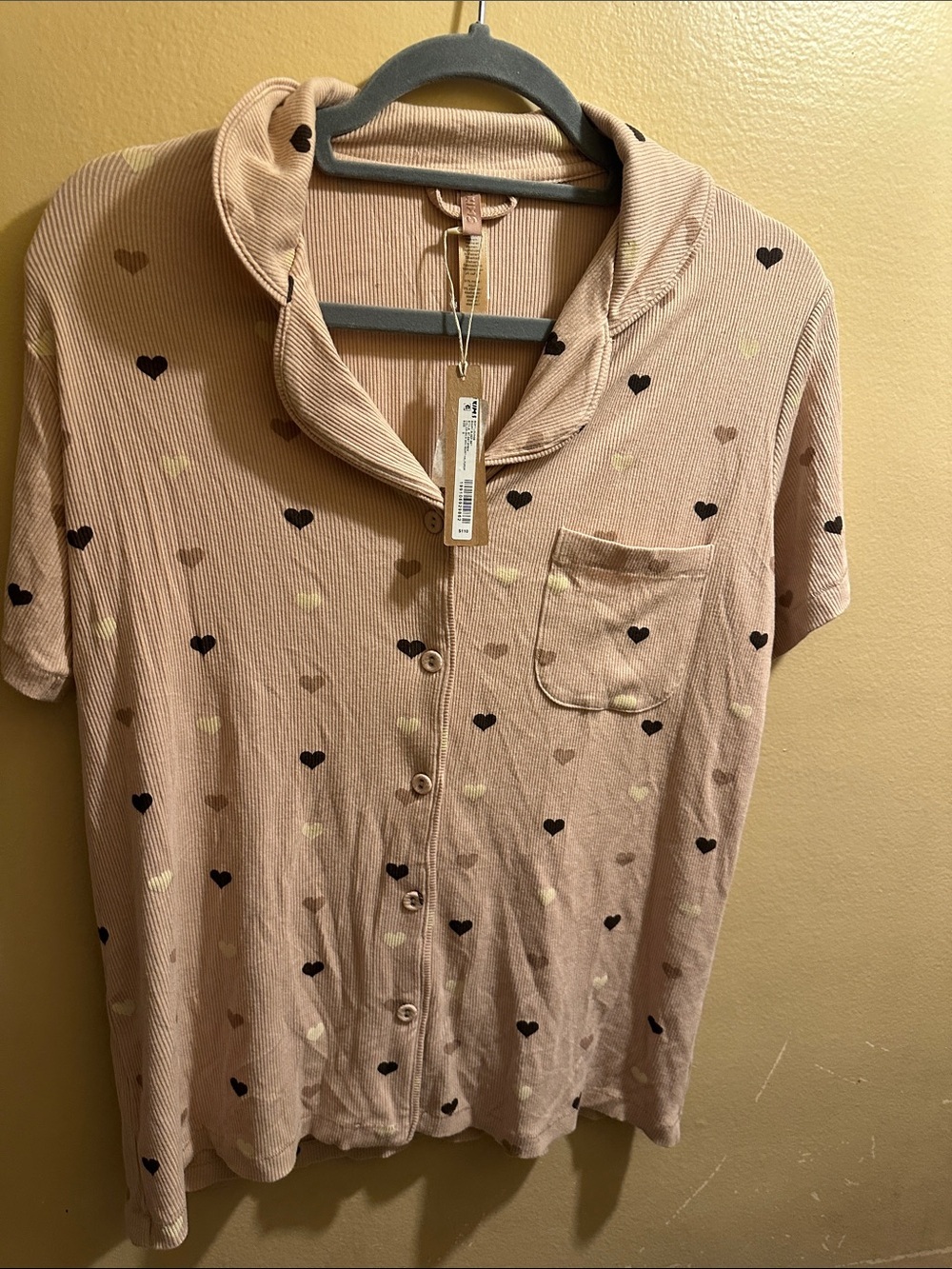 SKIMS Pink Heart-Print Button Front Short Sleeve Top ONLY
